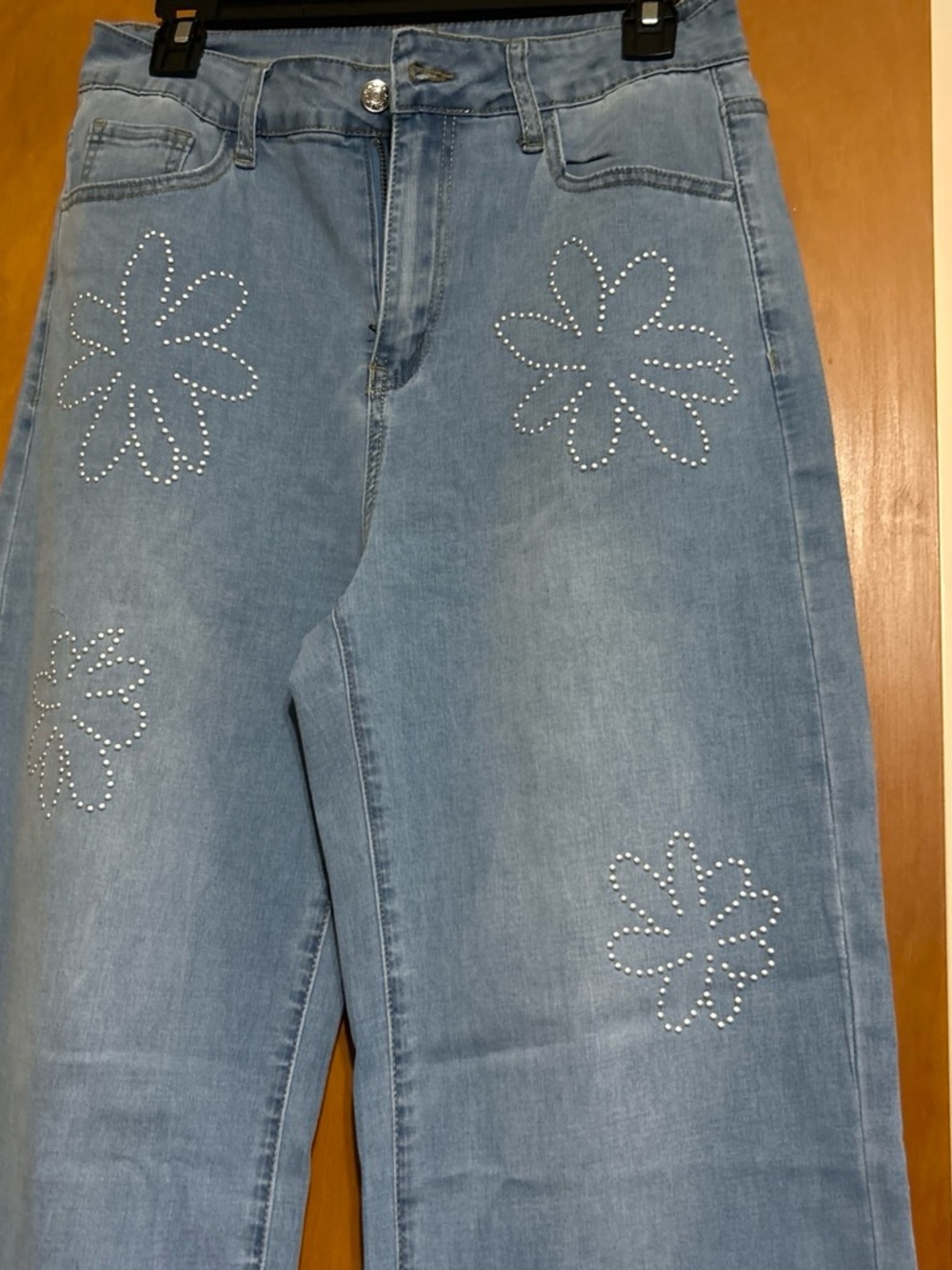 Light Blue Women's Jeans with Rhinestone Flower Detail